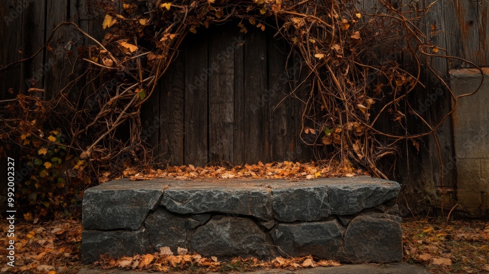 Poster a stone bench rests beneath an arch of vines, adorned with fallen autumn leaves. the rustic wooden f