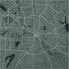 Map of Dallas in Texas in a smooth dark style. Contains layered vector with roads water, parks, etc.
