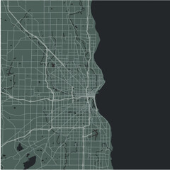 Map of Milwaukee in Wisconsin in a smooth dark style. Contains layered vector with roads water, parks, etc.