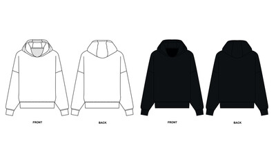Technical drawing of a long sleeve sports sweatshirt, vector. Flat sketch of a basic hoodie, front and back view. Template of a fashionable hooded jacket, white and black colors.