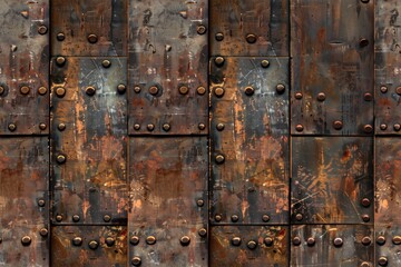 Seamless weathered metal armor surface with rust and rivets. The panels are arranged in a grid pattern, showcasing various shades of brown, orange, and gray.