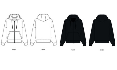 Flat vector sketch of basic hoodie with zipper, front and back view. Fashionable hooded jacket template, vector. Technical drawing of sports sweatshirt with pockets, black and white color. 