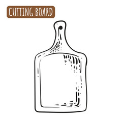 Wooden cutting board. Vintage engraving Kitchen utensils in sketch style. Vector drawing. Imitation of hand drawn cutting board.