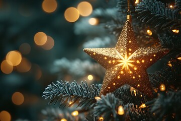 A gold star ornament hangs on a Christmas tree