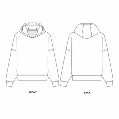 Fashionable hooded jacket pattern. Technical drawing of a long sleeve sports sweatshirt.Flat sketch of a basic hoodie, front and back view. 