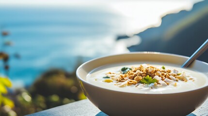 White currant fruit smoothie bowl topped granola coconut flakes served deck ocean softly blurred the background symbolizing a refreshing and nutritious meal for wellness Scientific name Ribes rubrum