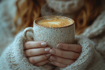 A person holding a steaming mug of herbal tea while resting under a blanket, indicating comfort during winter illnesses. Concept of self-care in the cold season.