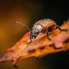 Close-up of a Beetle on an Autumn Leaf