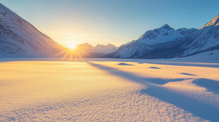 
A bright winter sunrise over a vast snowy mountain range, casting long shadows across the white expanse of snow.