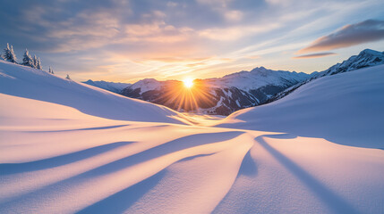 
A bright winter sunrise over a vast snowy mountain range, casting long shadows across the white...