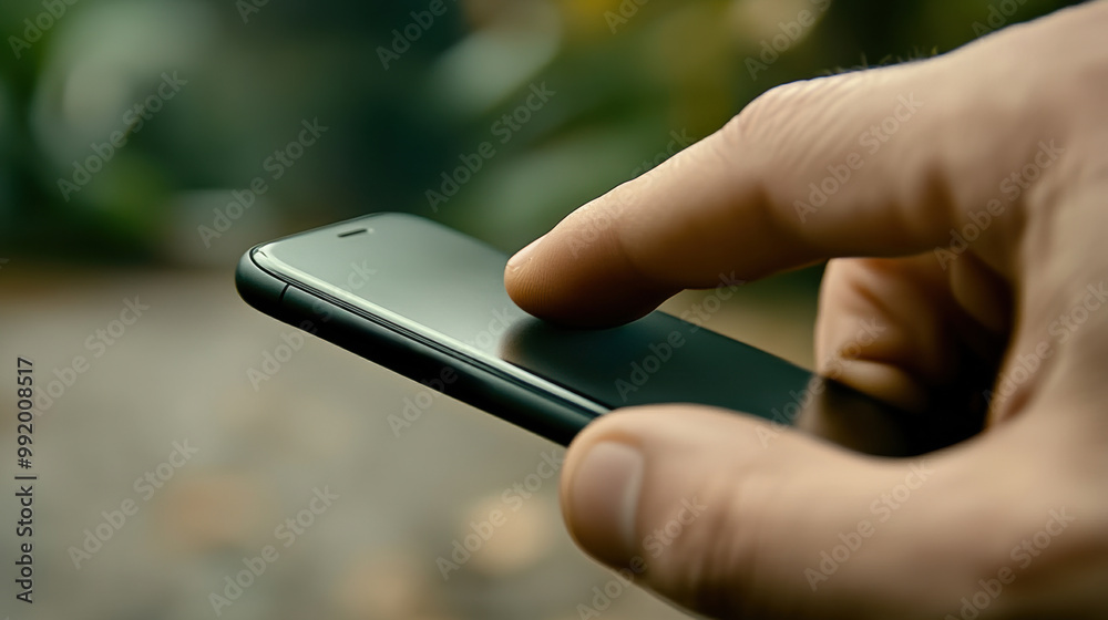 Poster A hand holding a cell phone with finger on screen, AI