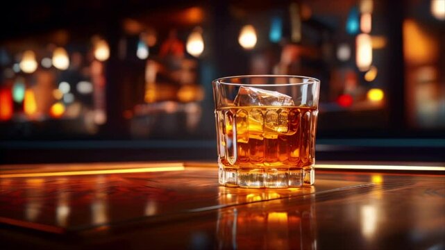 Glass of cognac with ice on a bar counter. Alcohol drink in restaurant on dark background