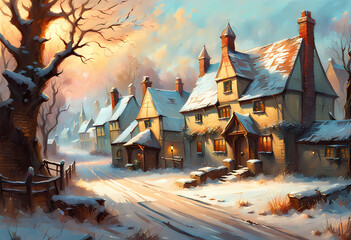 Obraz premium impressionist painting of an old fashioned village street covered in snow in winter