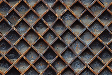Seamless textured metal grate surface featuring a diamond lattice pattern. The surface shows signs of rust and wear, with a mix of dark and orange hues.