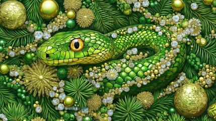 Obraz premium A vibrant green wooden snake surrounded by festive decorations for New Year.
