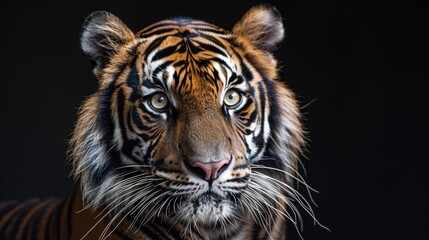 Portrait of a Sumatran tiger on a black isolated background