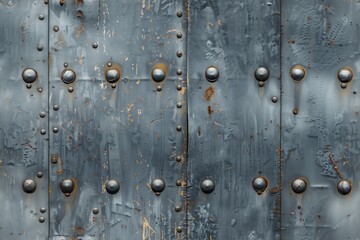 Fototapeta premium Seamless weathered metal surface with rivets. The surface features a textured, rusty blue-gray finish, showcasing signs of wear and aging.