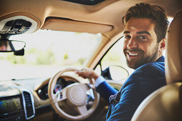 Businessman, driver and portrait in car to work, morning commute and online navigation system. Male person, professional and business trip to meeting in urban city, motor vehicle and travel to office