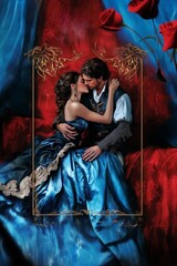 A romantic embrace between a couple dressed in elegant attire against a vibrant backdrop