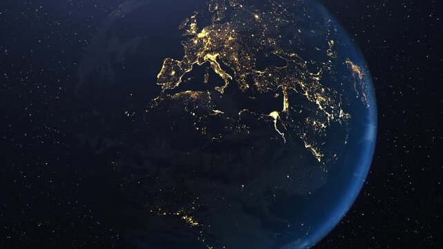 3D earth planet animation of sunrise over the European continent view from space. The camera zooms out and the night cities lights go out. World planet satellite. Night to day.