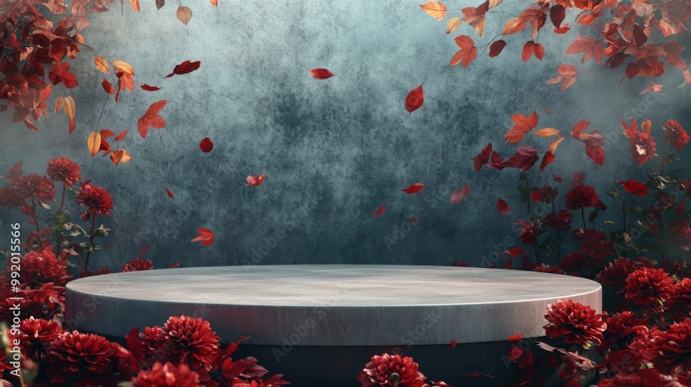 Poster A circular stone platform sits in front of a textured blue wall. Red flowers bloom on either side of the platform. Leaves are falling from the branches above, creating a dreamy and colorful scene.