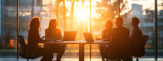 A group of business people engaged in an interesting conversation in the office, sitting around a round table with laptops and documents on it Generative AI