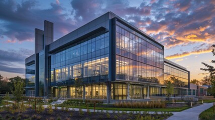 Fototapeta premium stunning glass sleek modern research facility, reflecting a vibrant sunset sky.