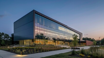 stunning glass sleek modern research facility, reflecting a vibrant sunset sky.