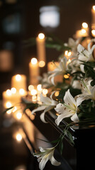 White lilies and candles on a black coffin in a solemn church © LunaStar