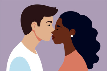 Interracial couple expressing their affection towards each other through tender kiss. Vector flat illustration