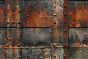 Seamless weathered metal wall surface featuring rust, rivets, and patches of peeling paint. The texture showcases a mix of orange, brown, and gray tones, highlighting the effects of time and exposure.