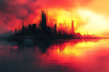 Naklejka premium Fiery sunset over a futuristic cityscape reflected in the water.