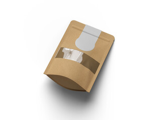 Render of a paper doypack with transparent window and top sticker label on a transparent background