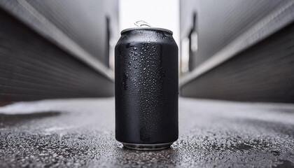 Black aluminum can with water drops. Cold drink package. Mock-up. Refreshing beverage.