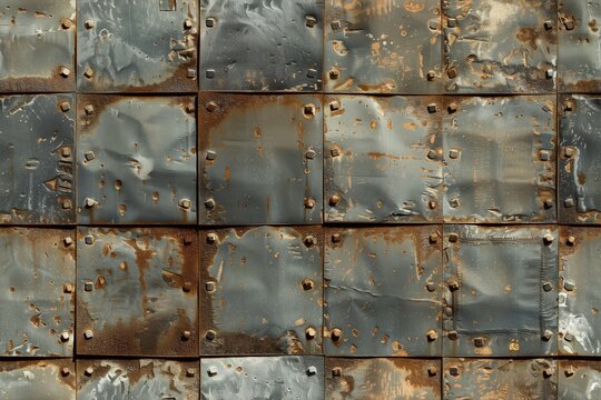 Seamless textured surface of metal plates wall with rust and dents, showcasing a weathered industrial look. The plates are arranged in a grid pattern, highlighting.