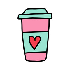 Cartoon paper coffee cup with heart on Valentine day. Hand drawn paper cup of coffee with love and inspiration. Concept - buy aromatic coffee in paper cup to share with sweetheart on Valentine day.