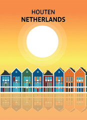 Illustration of Colorful houses in Houten, Netherlands.
