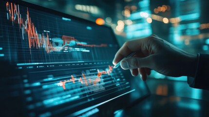 A hand points to a stock chart on a computer screen with a stylus. The chart is a graph showing financial data with a blue background.