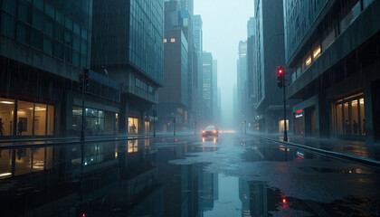 Fototapeta premium Fly through a dark, futuristic city where rain pours down, creating reflective puddles