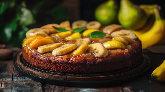 Fruit cake with bananas and pears adorns the table.