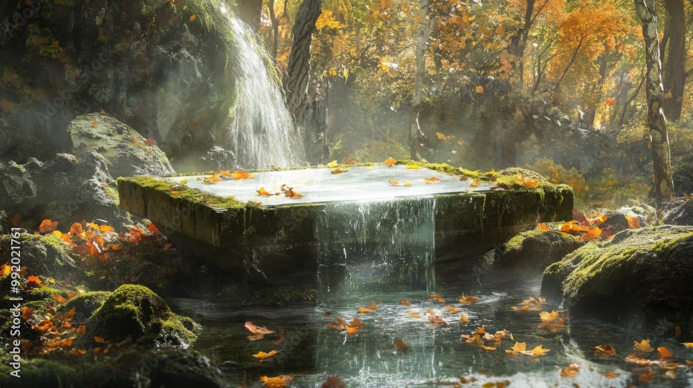 Aufkleber A stone pool sits nestled within a lush forest, surrounded by mossy rocks and autumn leaves. Water from a waterfall spills over the edge of the pool, creating a tranquil and serene scene
