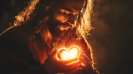Jesus holding a radiant, glowing heart that symbolizes unconditional love and divine compassion