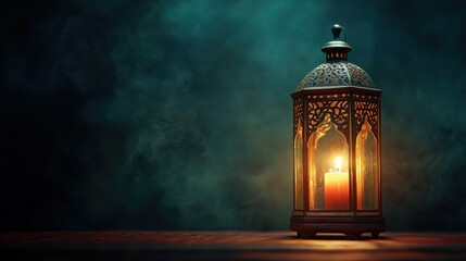 A single lit candle inside a decorative lantern on a wooden surface with a smoky green background.