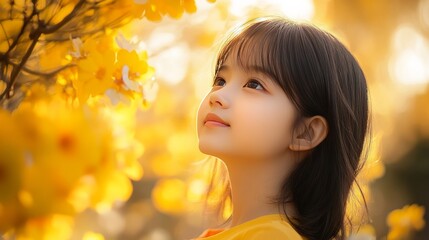 Fototapeta premium Asian girl in tabebuia park morning