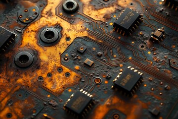 Fototapeta premium Rusty and grunge circuit board with copper and gold details