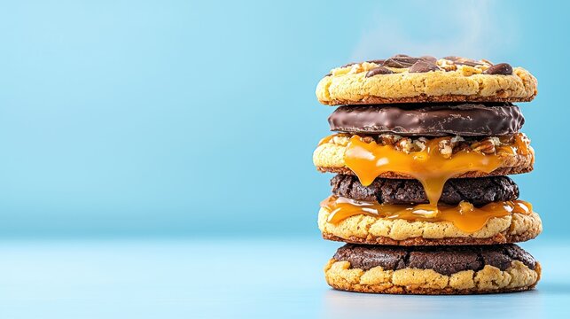 Irresistible Tower of Chunky Cookies with Gooey Caramel, Nuts, and Chocolate, Steam Rising, Copy Space for Text