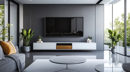 Floating modern TV stand with a hidden drawer system and a glossy finish, centered in a sleek, open-concept living room.
