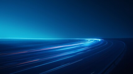 Long-exposure photograph showcasing a captivating light trail on an empty highway at night, emphasizing speed and movement.
