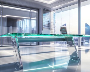 Futuristic glass-top desk with chrome legs, seamlessly integrated into a high-tech office space with natural and artificial lighting.