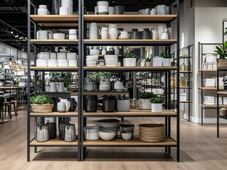Harvey Normana??s spacious furniture section, with a focus on clean, minimalist shelving units, featuring intricate detailing and modern finishes.
